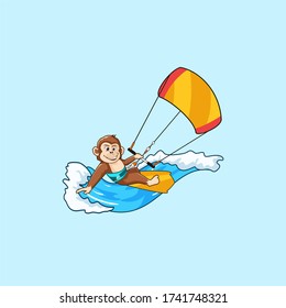 cartoon monkey is sporting a kite with big waves on a sunny day