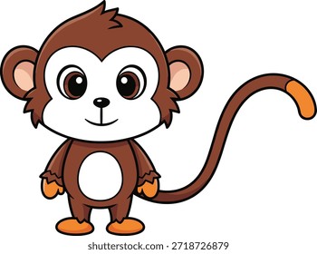 Mono de dibujos animados de pie, cara sonriente, ojos expresivos, carácter animal lindo para los niños, juguetón, alegre, divertido, amigable y alegre Ilustración vectorial