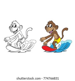 cartoon monkey surfing . Both in separate layers for easy editing and coloring