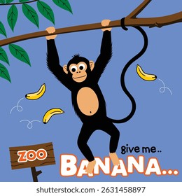 Cartoon monkey swinging on jungle tree surrounded by flying bananas and zoo sign on blue background. Children animal concept
