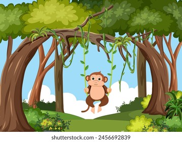 Cartoon monkey swinging on vines in a lush forest