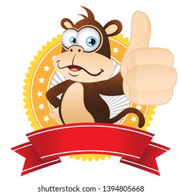 Cartoon Monkey thumbs up with badge ribbon banner award
