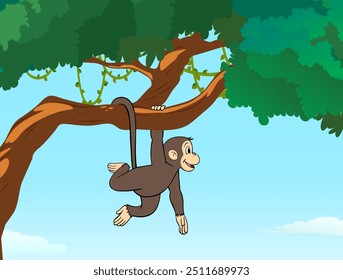 Cartoon Monkey Vector, hanging monkey illustration, Monkey, tree, sky, cartoon animal vector