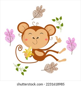 Cartoon Monkey Vector Illustration character  suitable for children's clothing designs