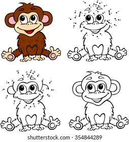 Cartoon monkey. Vector illustration. Coloring and dot to dot educational game for kids