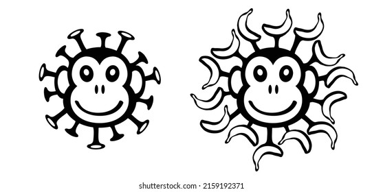 Cartoon monkey virus or monkeypox. Stop the virus belongs to the genus Orthopoxvirus in the family Poxviridae. infectious disease. Ape face with yellow banana. Vector monkey pox symbol or icon.