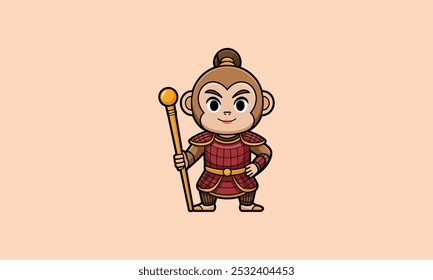 Guerreiro de macaco de armadura segurando um cajado dourado.