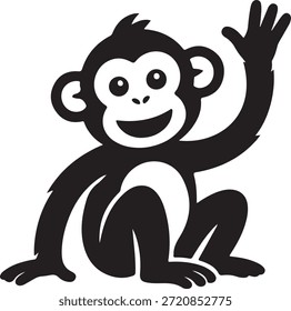 Mono de dibujos animados que agita con una expresión alegre y un gesto amistoso, representado en un diseño de silueta simple en blanco y negro.