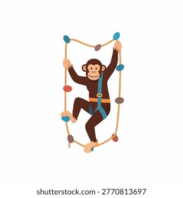 A cartoon monkey, wearing a blue harness, is actively climbing a rock wall, demonstrating agility and focus.