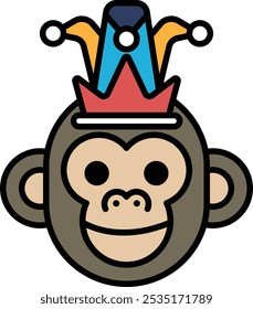 A cartoon monkey wearing a crown and a hat. The monkey is smiling and he is happy