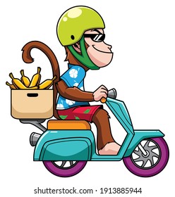 Cartoon monkey wearing helmet rides scooter on his way to deliver box of bananas.