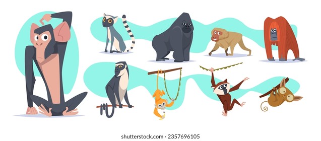 Cartoon monkey. Wild animals standing jumping and walking exact vector monkey characters