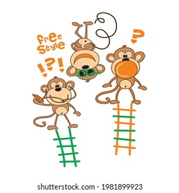 cartoon monkeys climbing a rigid ladder, vector illustration