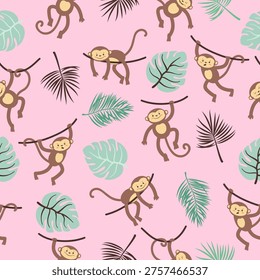Cartoon monkeys hanging on vines seamless pattern. Vector tropical illustration for kids