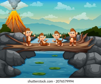 Cartoon of monkeys on the tree trunk bridge