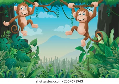 Cartoon monkeys playing in the jungle