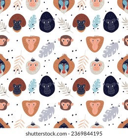 Cartoon monkeys seamless pattern. Exotic primates portraits with tropical plants leaves. Different breeds animals. Gorilla and chimpanzee. Funny ape muzzles. Garish