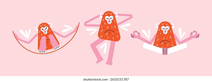 Cartoon monkeys set in various active poses. Flat vector illustration isolated on pink background in playful geometric style. Wellness and fitness activity concept. Wildlife animals concept