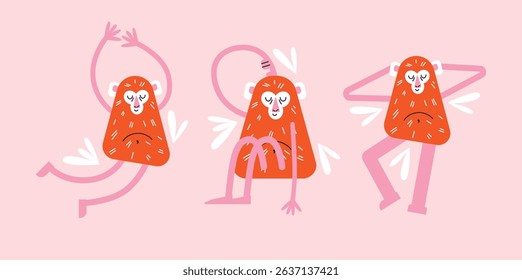 Cartoon monkeys set in various active poses. Flat vector illustration isolated on pink background in playful geometric style. Wellness and fitness activity concept. Wildlife animals concept