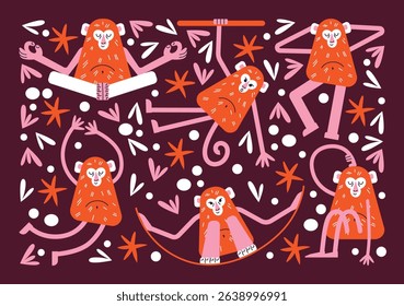 Cartoon monkeys set in various active poses. Flat vector illustration isolated on dark background in playful geometric style. Wellness and fitness activity concept. Wildlife animals concept