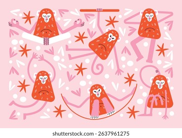 Cartoon monkeys set in various yoga poses. Flat vector illustration isolated on pink background in playful geometric style. Wellness and fitness activity concept. Wildlife animals concept