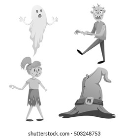 Cartoon monochrome halloween symbols set. Funny ghost, walking zombie, zombie girl without hand and witch hat with belt.