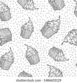 Cartoon monochrome seamless pattern with cute cupcakes and decorative elements. vector. 
