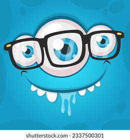 Cartoon monster or alien face with three eyes wearing eyeglasses. Vector Halloween monster illustration