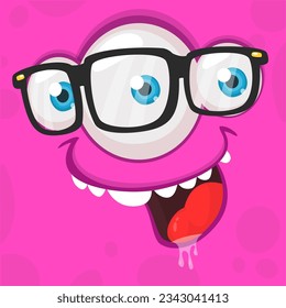 Cartoon monster or alien face with three eyes wearing eyeglasses. Vector Halloween monster illustration