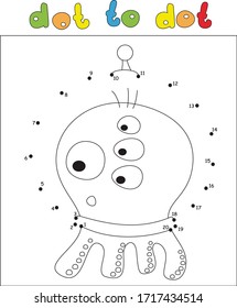 Cartoon monster astronaut. Dot to dot educational game for kids