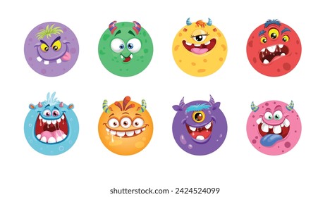 Caricatura monstruo bola caras conjunto. Colección de caras de monstruo de Halloween con diferentes expresiones y colores. Ilustraciones vectoriales.