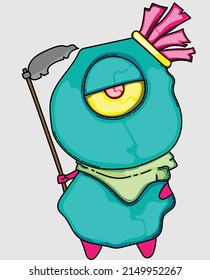 cartoon monster with big eyes holding grim reaper