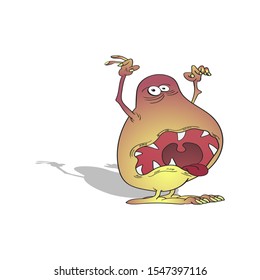A cartoon monster with big eyes and teeth opens its mouth wide and shows its tongue. vector illustration