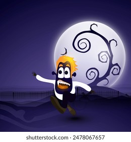 Niño monstruo de dibujos animados corriendo en el fondo de la noche de luna llena horrible para la fiesta de Halloween feliz.