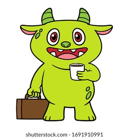 Cartoon Monster With Briefcase and Coffee
