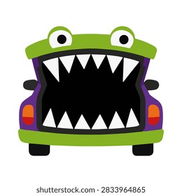 Cartoon monster car trunk with sharp teeth and wide open mouth for Halloween trunk or treat celebration, isolated on white background.