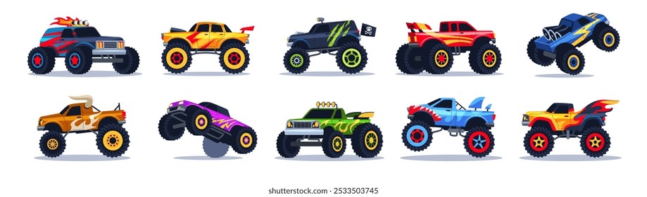 Cartoon coches monstruo. Camiones pesados con patrones enojados y diseño agresivo, espectáculo de entretenimiento de Estados Unidos, ruedas Grandes, competencia deportiva de rally extremo, Vector ordenado conjunto aislado