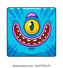 Cartoon Monster Character Face Square Icon Or Avatar. Cute and Funny Creature With One Bulging Eye, Wide Smile, Teeth