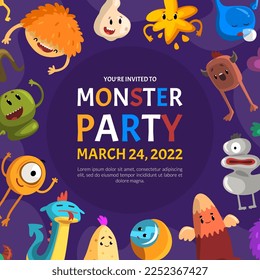 Cartoon Monster Character with Funny Face on Vector Party Invitation Card Template