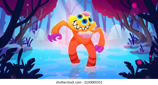 Cartoon monster character with smiling toothed muzzle three eyes and long arms stand at water pond in fantasy or alien forest landscape. Strange funny animal, spooky creature, Vector illustration