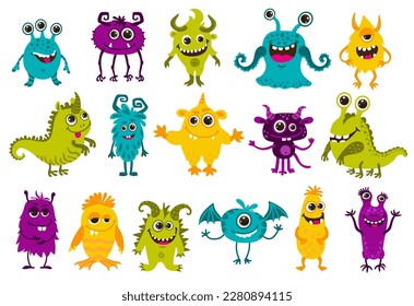 Cartoon monster characters. Cute comic Halloween joyful personages set. Isolated vector funny devils, goblins, ugly aliens, kawaii smiling creatures. Mutants with horns, flippers, fangs, eyes, tongues