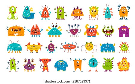 Cartoon monster characters, cute funny alien animals, vector set. Kids cartoon monsters, devils and goblins, bizarre creatures of troll, dragon or gremlin and furry lizard with happy cyclops eye