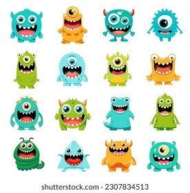 Cartoon monster characters, cute funny alien animals with cyclops eye, kids vector emoji. Little creatures or comic mutant mascots with smile and happy face, devil trolls or silly goblins and gremlins
