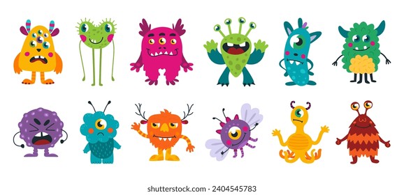 Cartoon monster characters. Cute isolated monster with different emotions. Children friends and mascots, funny tales heroes classy vector clipart