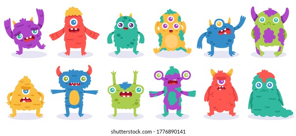 Cartoon monster characters. Halloween funny monsters, cute fluffy alien mascots, silly gremlin monsters, spooky creatures vector illustration set. Spooky monster smile, character halloween scary