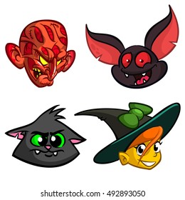 Cartoon monster characters icons set. Zombie, witch cat, bat and witch. Halloween vector