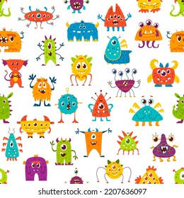 Cartoon monster characters seamless pattern. Funny Halloween monsters and cute alien creatures vector background of colorful beasts with happy smiling faces, teeth, crazy eyes, wings and horns