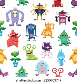 Cartoon monster characters seamless pattern. Cute monster personages background. Textile print with angry bull, alien three eyed snail and predator plant, evil mushroom, fluffy beast and yeti zombie