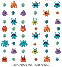 Cartoon monster characters seamless pattern and kids funny creatures vector background. Cute funny monsters and alien animal pattern of bizarre mutant, troll, yeti and goblins or cheerful gremlin