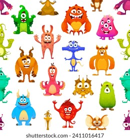 Cartoon monster characters seamless pattern, vector background with funny alien creatures. Cute bizarre monsters pattern of happy smiling mutants, goblin yeti or bigfoot, furry cyclops and gremlin